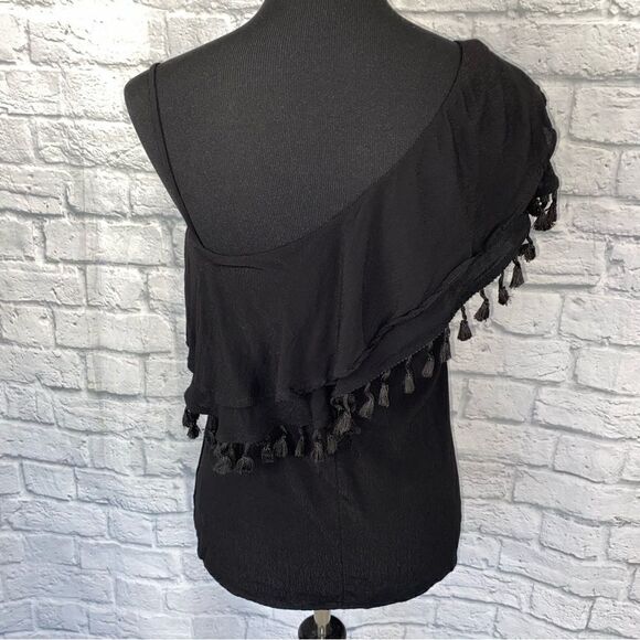 Blue Rain one shoulder top w/Pom Pom fringe black size small women - Picture 11 of 11